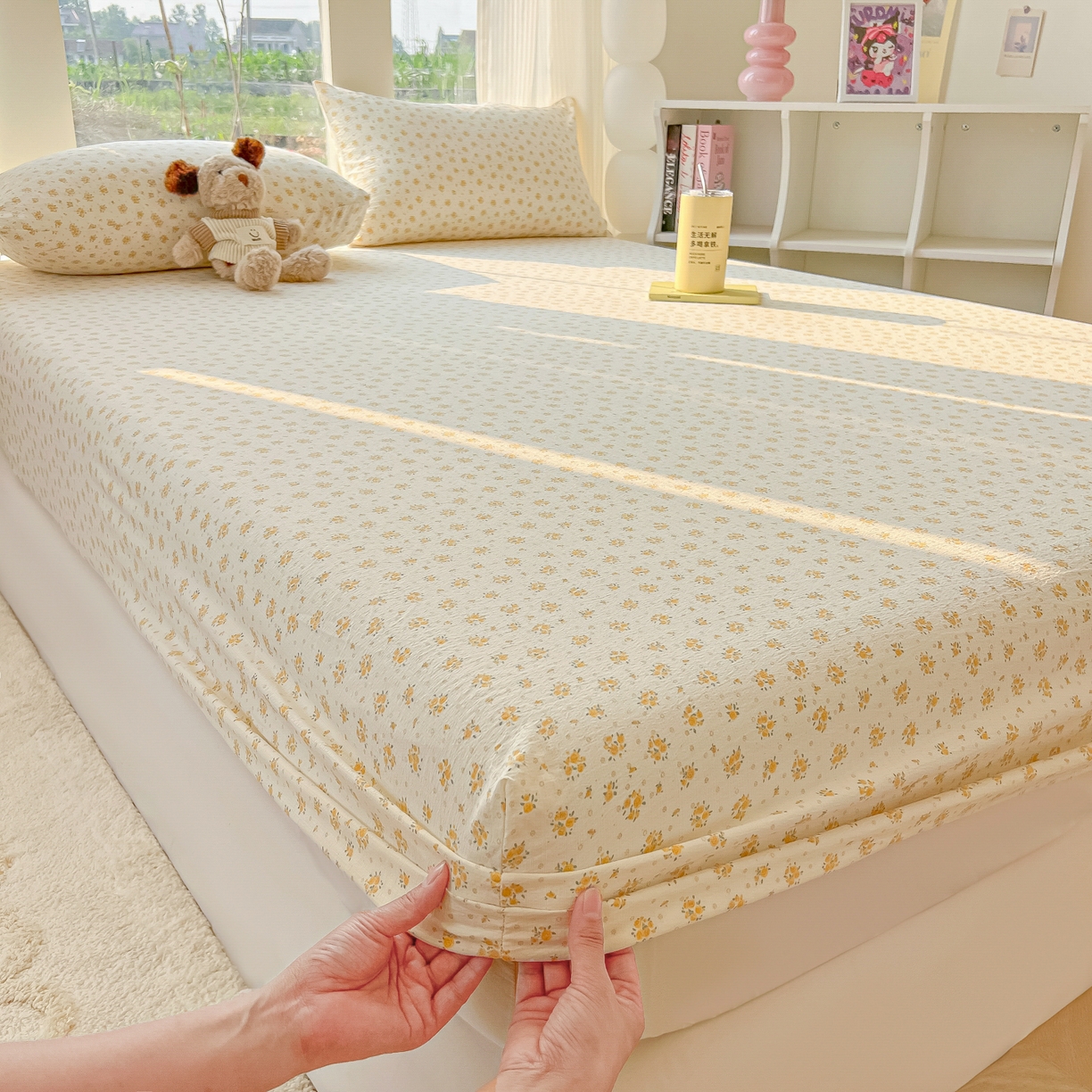 91家纺网 家纺一手货源 找家纺 韩巢家纺 2025新款云感提花双层纱单床笠热销款防滑床笠单件 橘子海