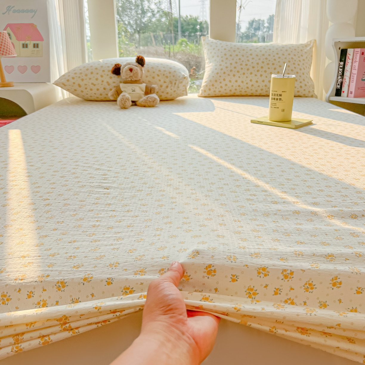 91家纺网 家纺一手货源 找家纺 韩巢家纺 2025新款云感提花双层纱单床笠热销款防滑床笠单件 橘子海