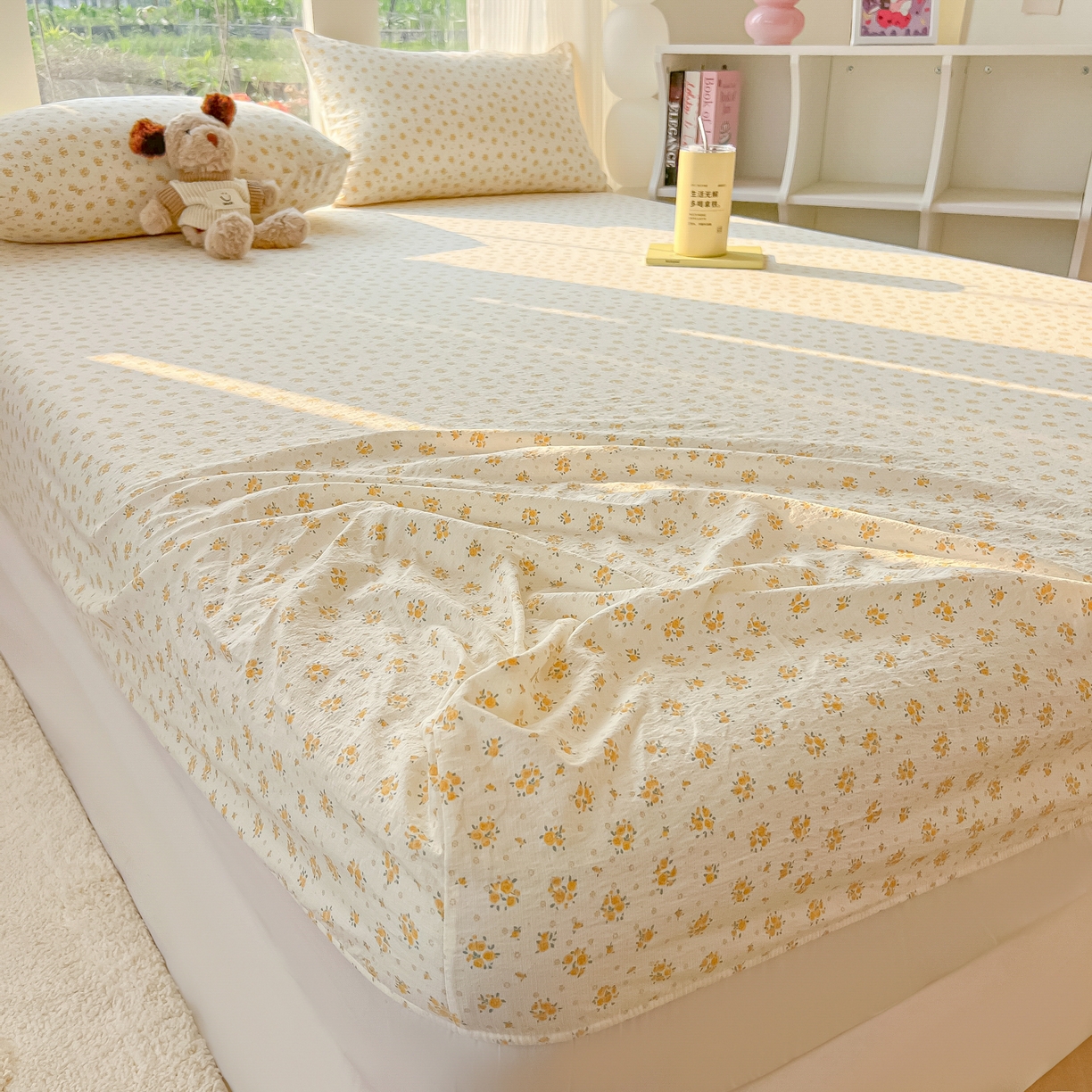 91家纺网 家纺一手货源 找家纺 韩巢家纺 2025新款云感提花双层纱单床笠热销款防滑床笠单件 橘子海