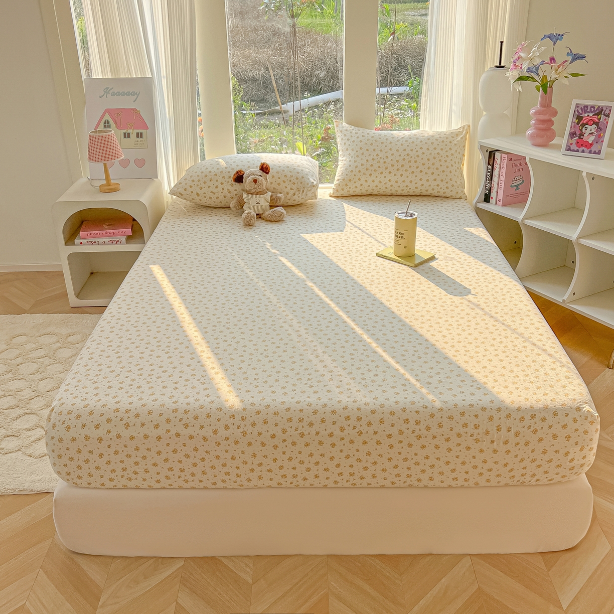 91家纺网 家纺一手货源 找家纺 韩巢家纺 2025新款云感提花双层纱单床笠热销款防滑床笠单件 橘子海