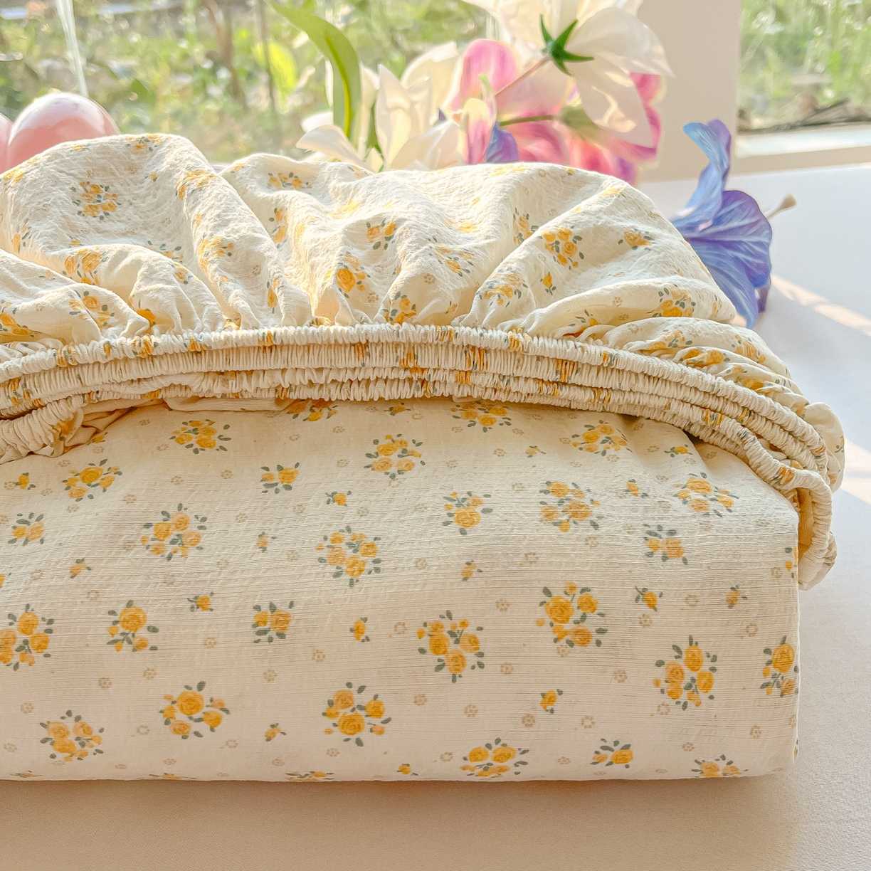 91家纺网 家纺一手货源 找家纺 韩巢家纺 2025新款云感提花双层纱单床笠热销款防滑床笠单件 橘子海