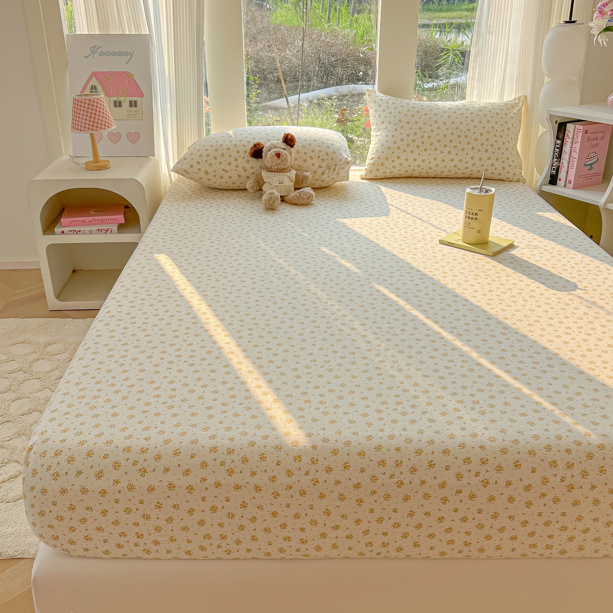 91家纺网 家纺一手货源 找家纺 韩巢家纺 2025新款云感提花双层纱单床笠热销款防滑床笠单件 橘子海