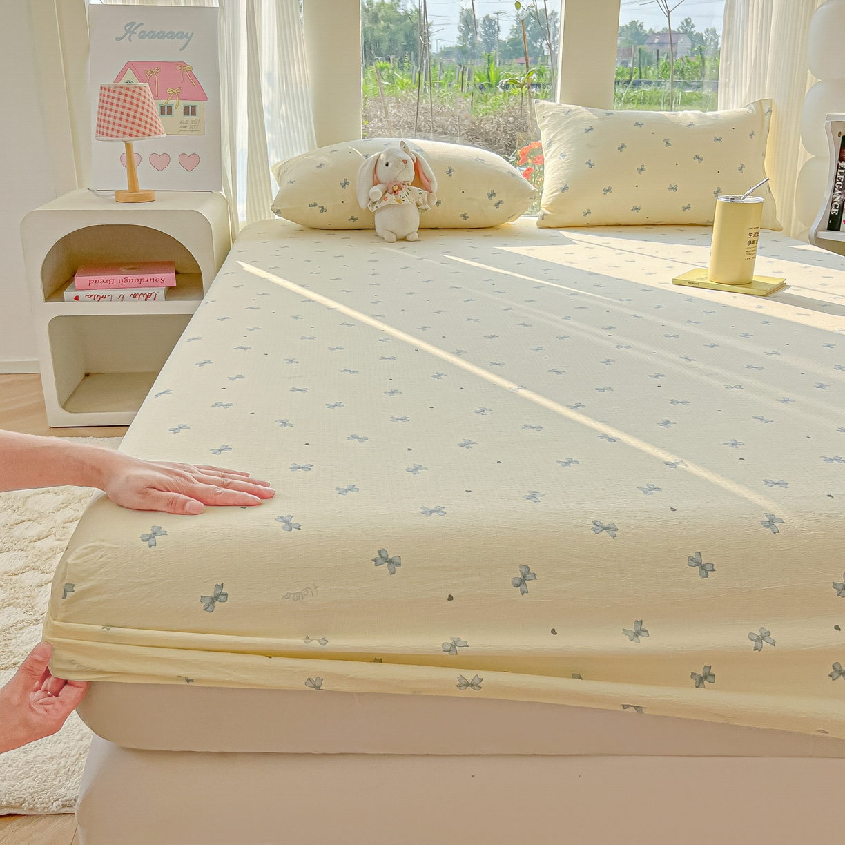 韩巢家纺 2025新款云感提花双层纱单床笠热销款防滑床笠单件 蓝相思