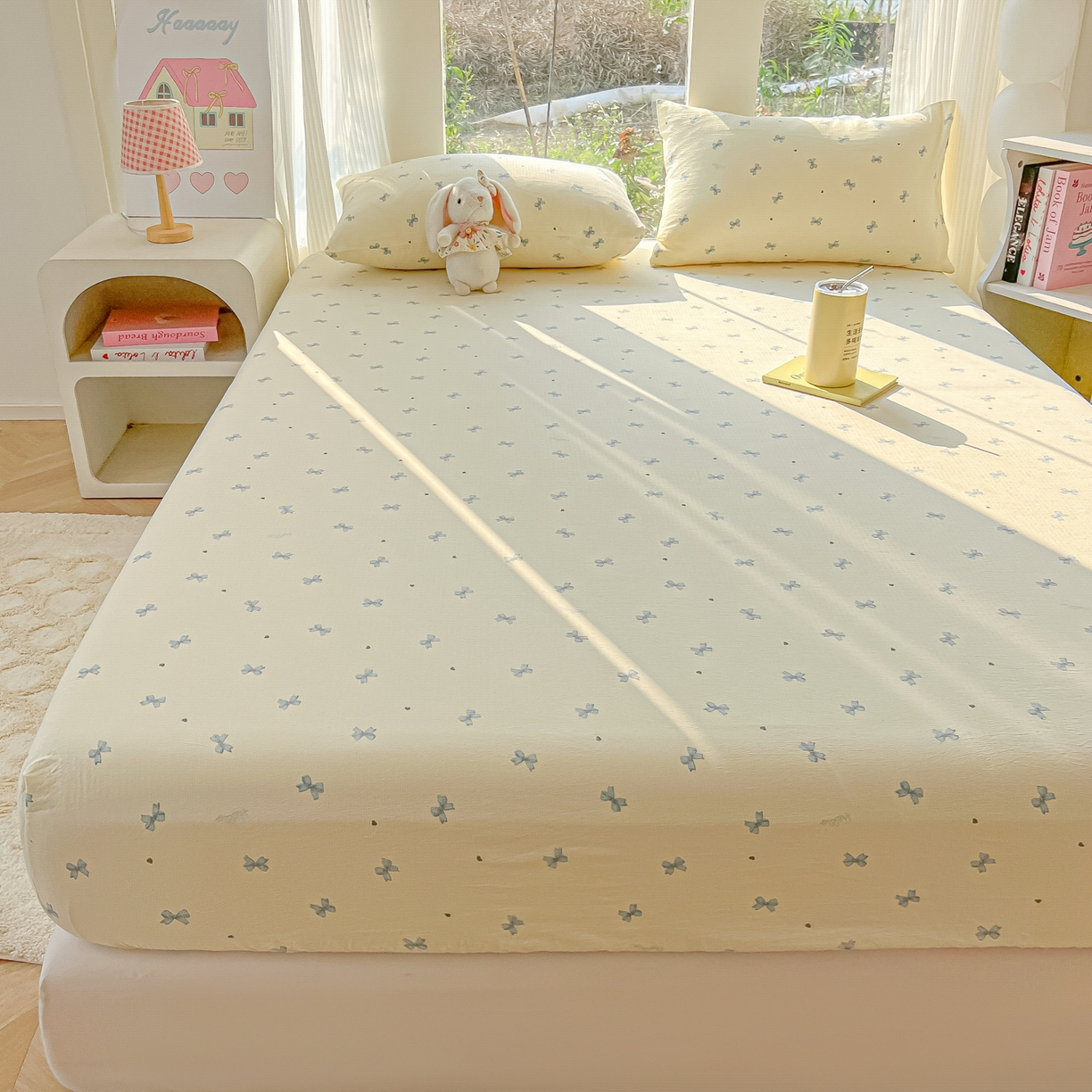 91家纺网 家纺一手货源 找家纺 韩巢家纺 2025新款云感提花双层纱单床笠热销款防滑床笠单件 蓝相思