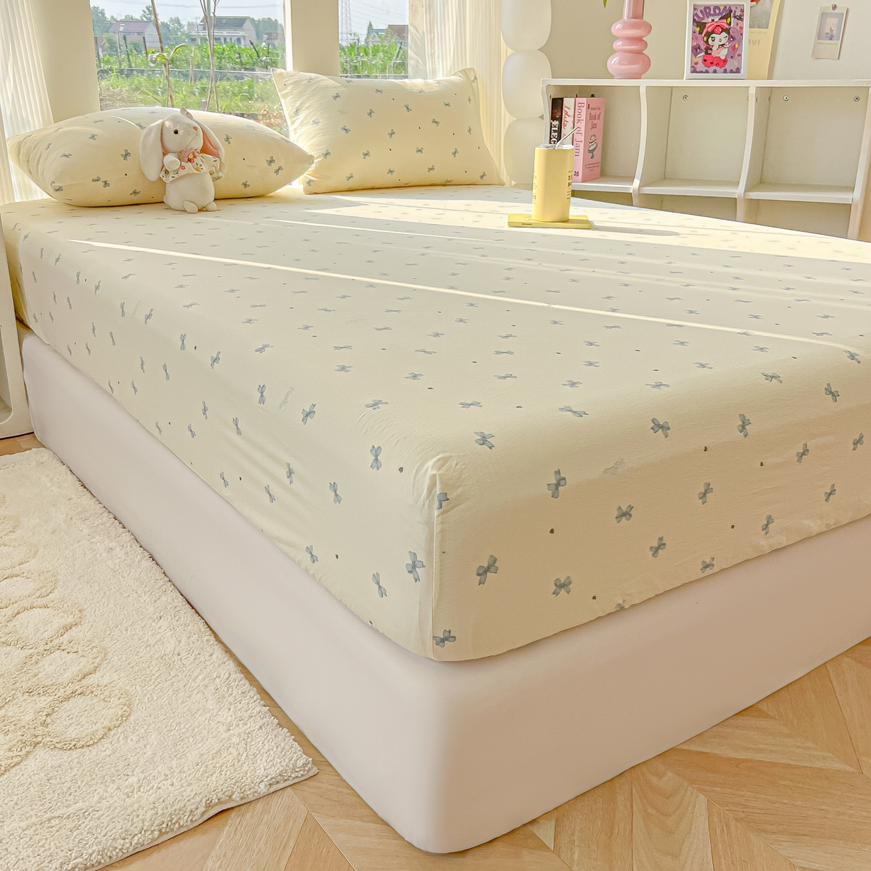 91家纺网 家纺一手货源 找家纺 韩巢家纺 2025新款云感提花双层纱单床笠热销款防滑床笠单件 蓝相思