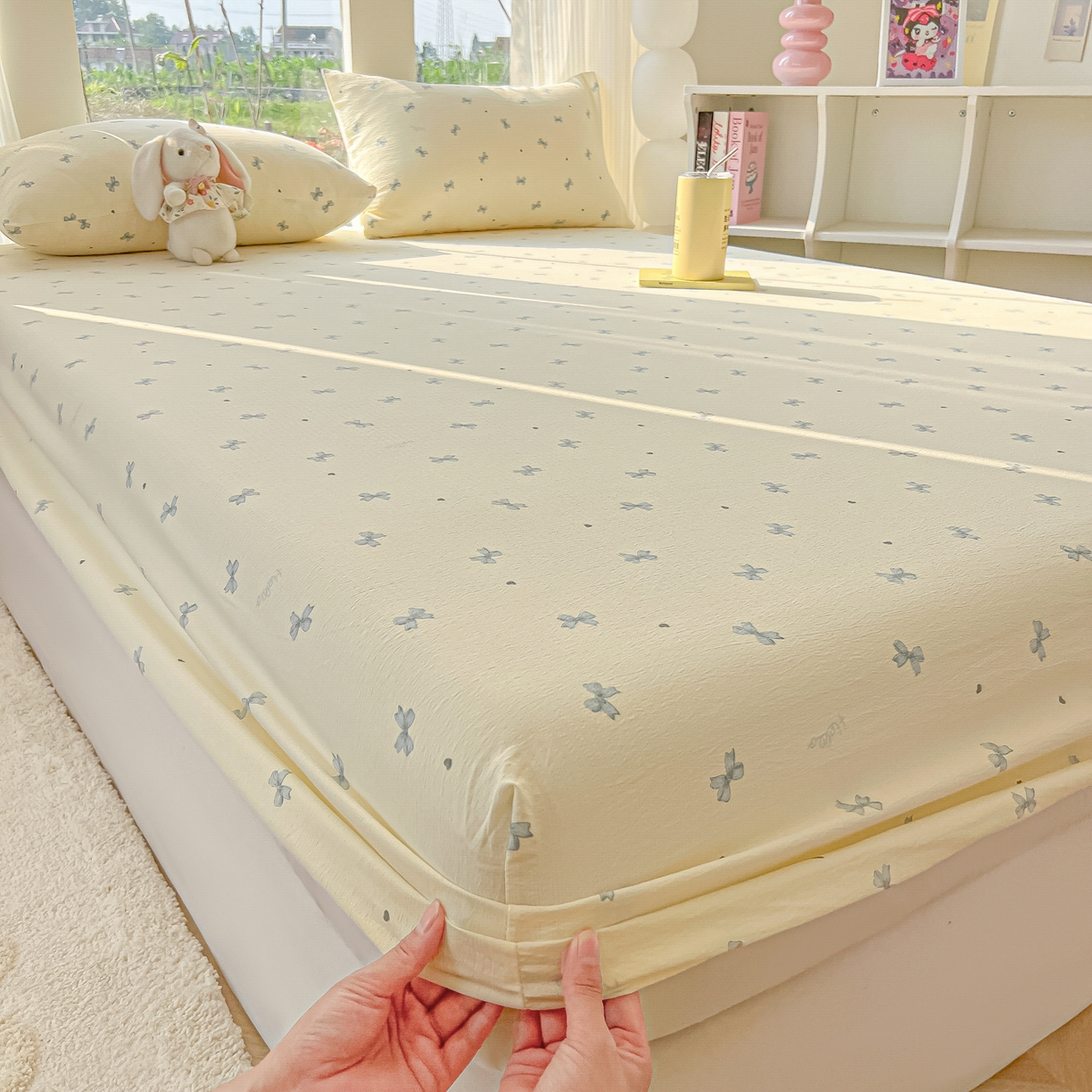 91家纺网 家纺一手货源 找家纺 韩巢家纺 2025新款云感提花双层纱单床笠热销款防滑床笠单件 蓝相思