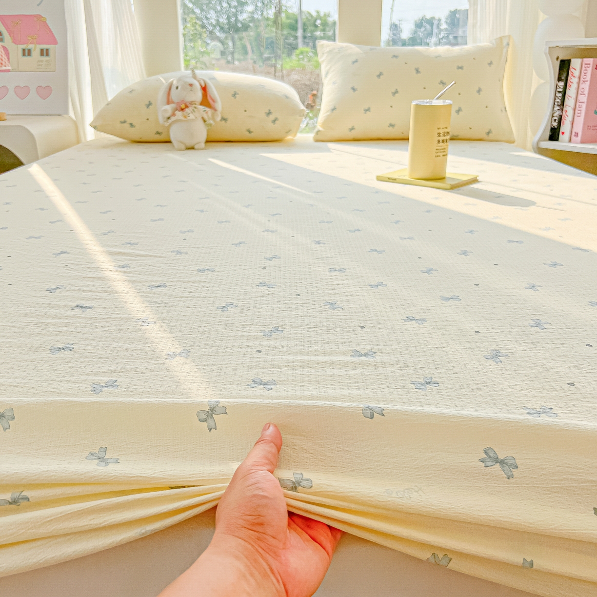 91家纺网 家纺一手货源 找家纺 韩巢家纺 2025新款云感提花双层纱单床笠热销款防滑床笠单件 蓝相思