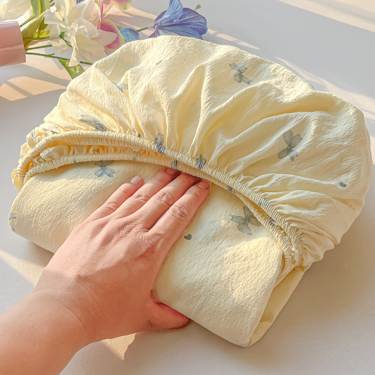 91家纺网 家纺一手货源 找家纺 韩巢家纺 2025新款云感提花双层纱单床笠热销款防滑床笠单件 蓝相思