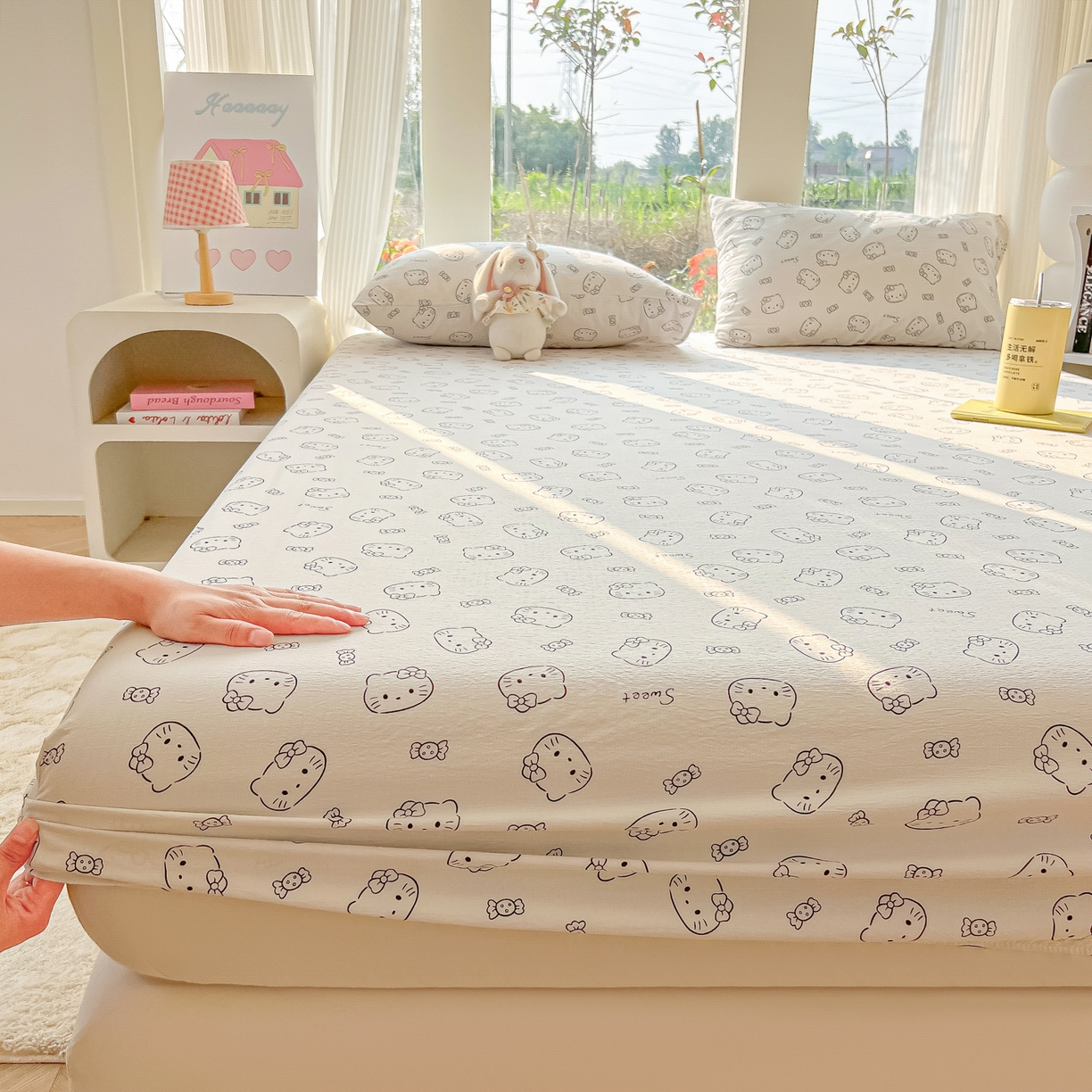 韩巢家纺 2025新款云感提花双层纱单床笠热销款防滑床笠单件 猫咪恋人