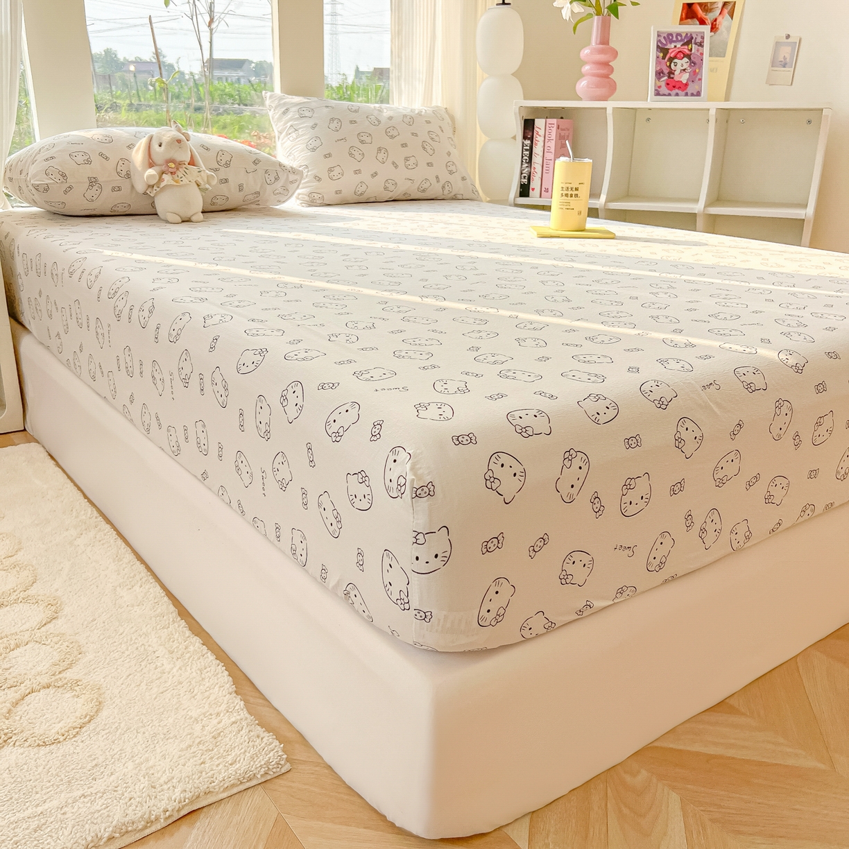 91家纺网 家纺一手货源 找家纺 韩巢家纺 2025新款云感提花双层纱单床笠热销款防滑床笠单件 猫咪恋人