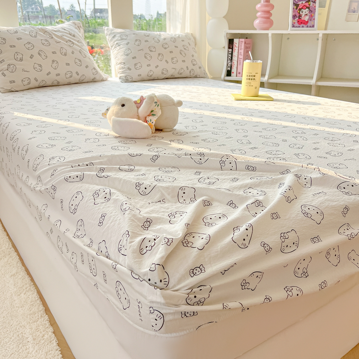 91家纺网 家纺一手货源 找家纺 韩巢家纺 2025新款云感提花双层纱单床笠热销款防滑床笠单件 猫咪恋人