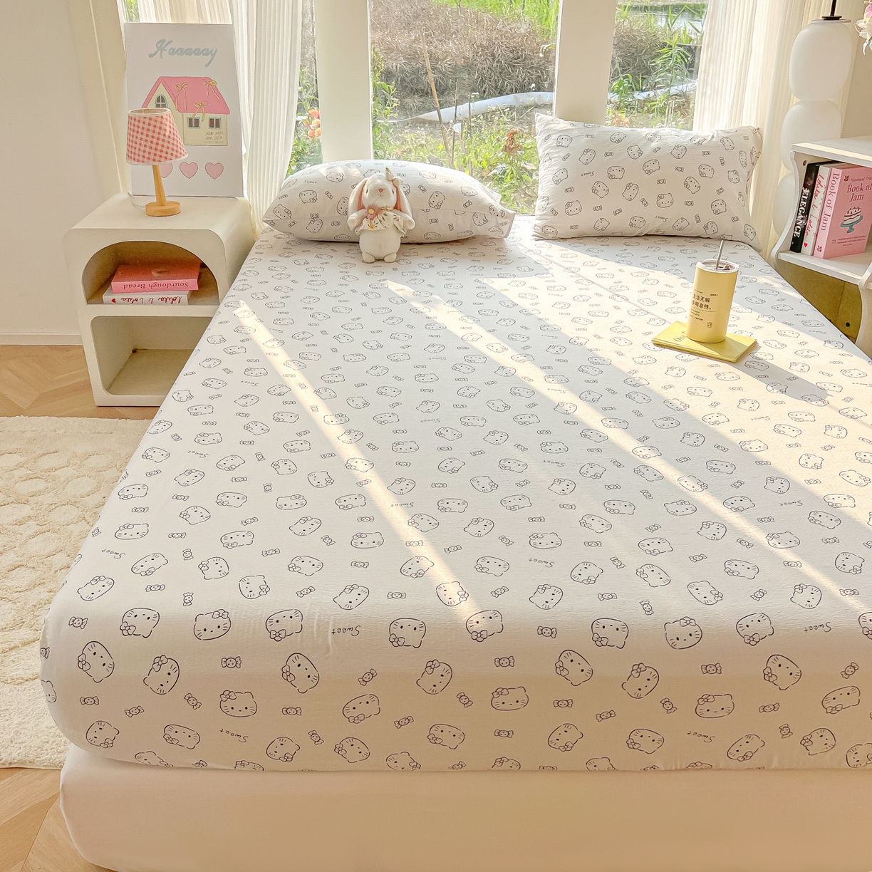 91家纺网 家纺一手货源 找家纺 韩巢家纺 2025新款云感提花双层纱单床笠热销款防滑床笠单件 猫咪恋人