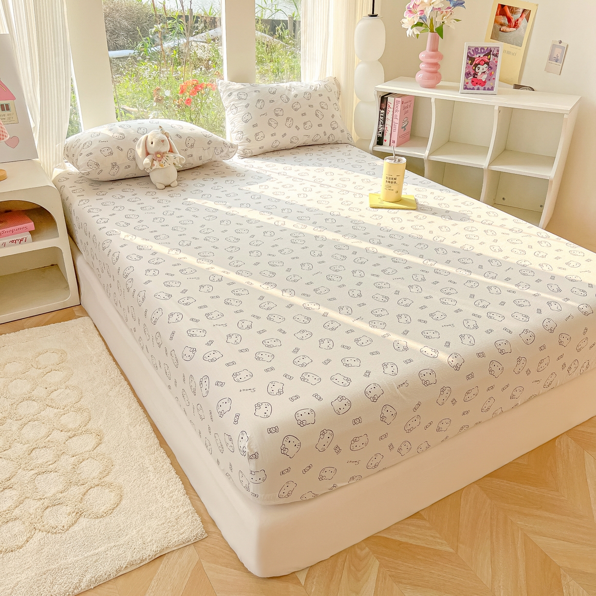 91家纺网 家纺一手货源 找家纺 韩巢家纺 2025新款云感提花双层纱单床笠热销款防滑床笠单件 猫咪恋人