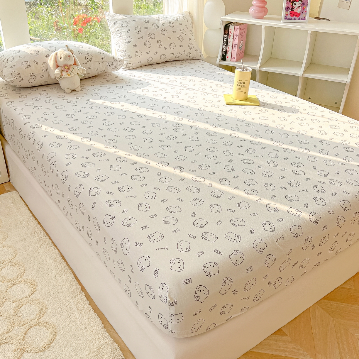 91家纺网 家纺一手货源 找家纺 韩巢家纺 2025新款云感提花双层纱单床笠热销款防滑床笠单件 猫咪恋人