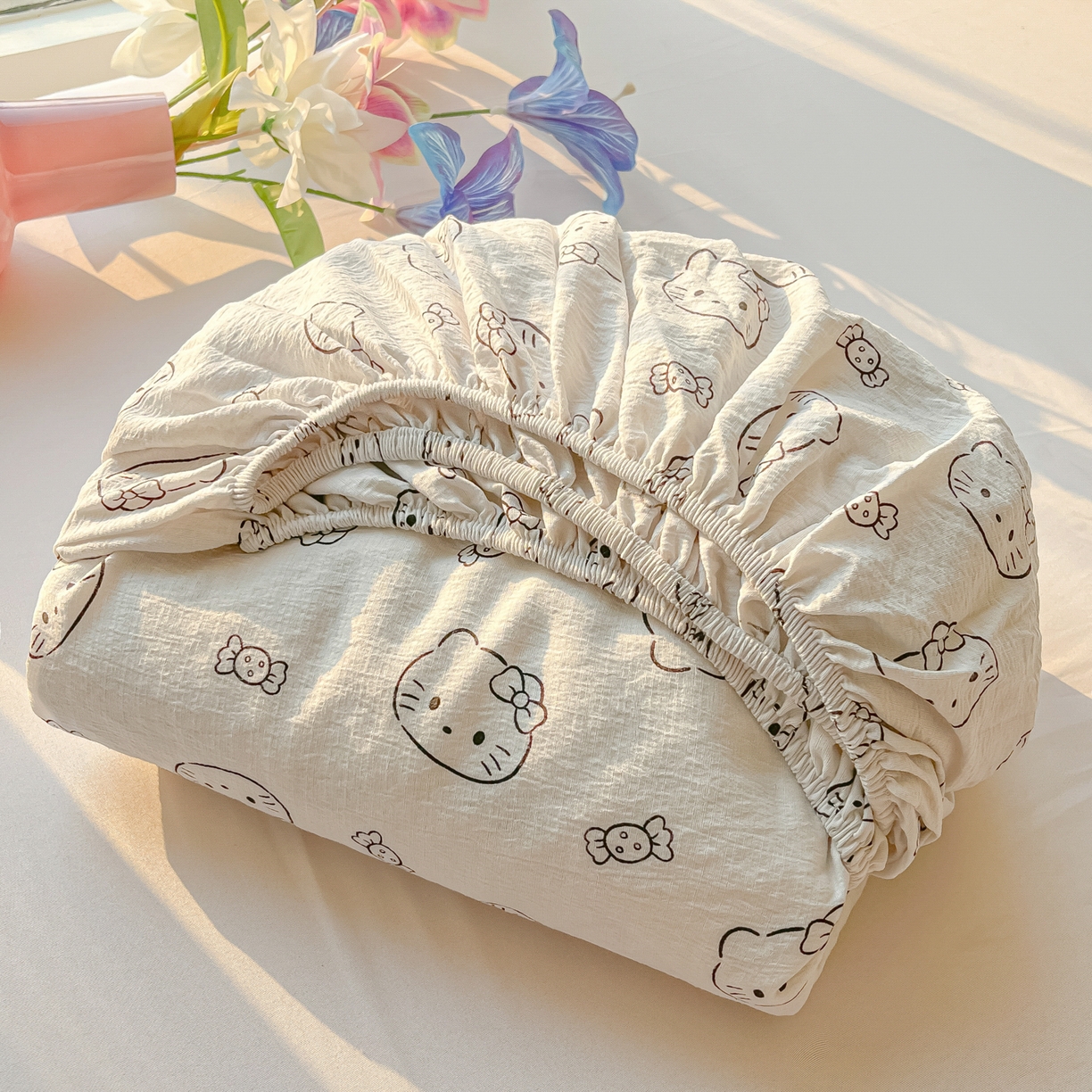 91家纺网 家纺一手货源 找家纺 韩巢家纺 2025新款云感提花双层纱单床笠热销款防滑床笠单件 猫咪恋人