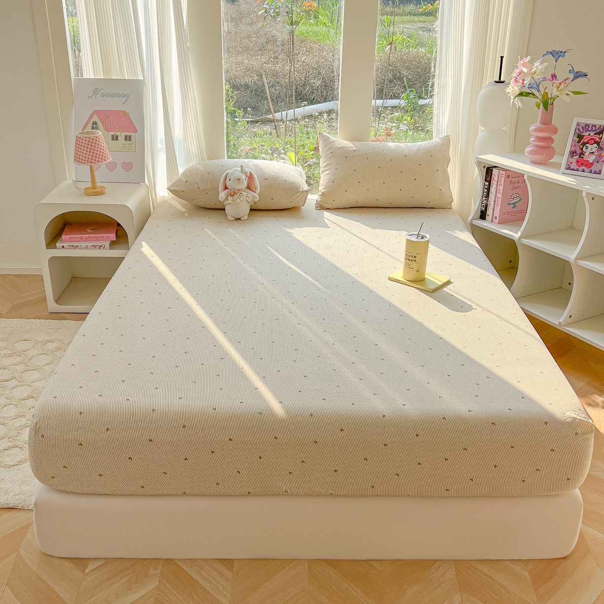 91家纺网 家纺一手货源 找家纺 韩巢家纺 2025新款云感提花双层纱单床笠热销款防滑床笠单件 米倾心