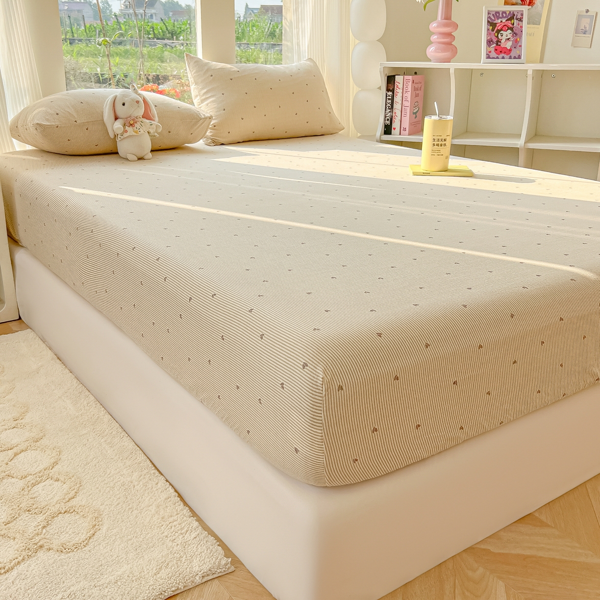 91家纺网 家纺一手货源 找家纺 韩巢家纺 2025新款云感提花双层纱单床笠热销款防滑床笠单件 米倾心