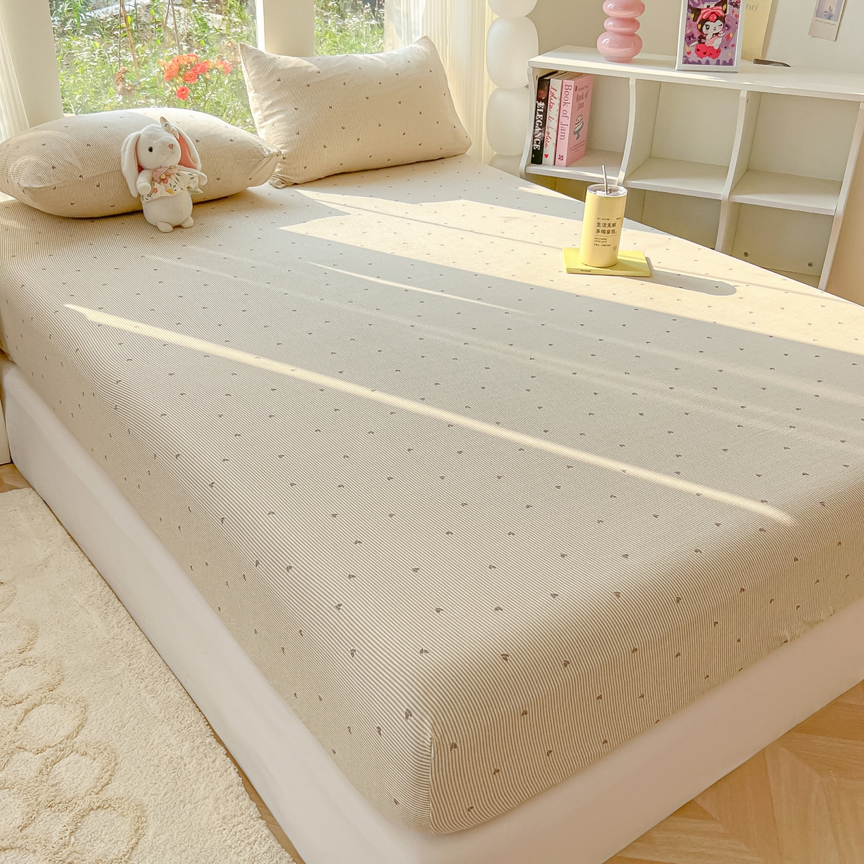 91家纺网 家纺一手货源 找家纺 韩巢家纺 2025新款云感提花双层纱单床笠热销款防滑床笠单件 米倾心