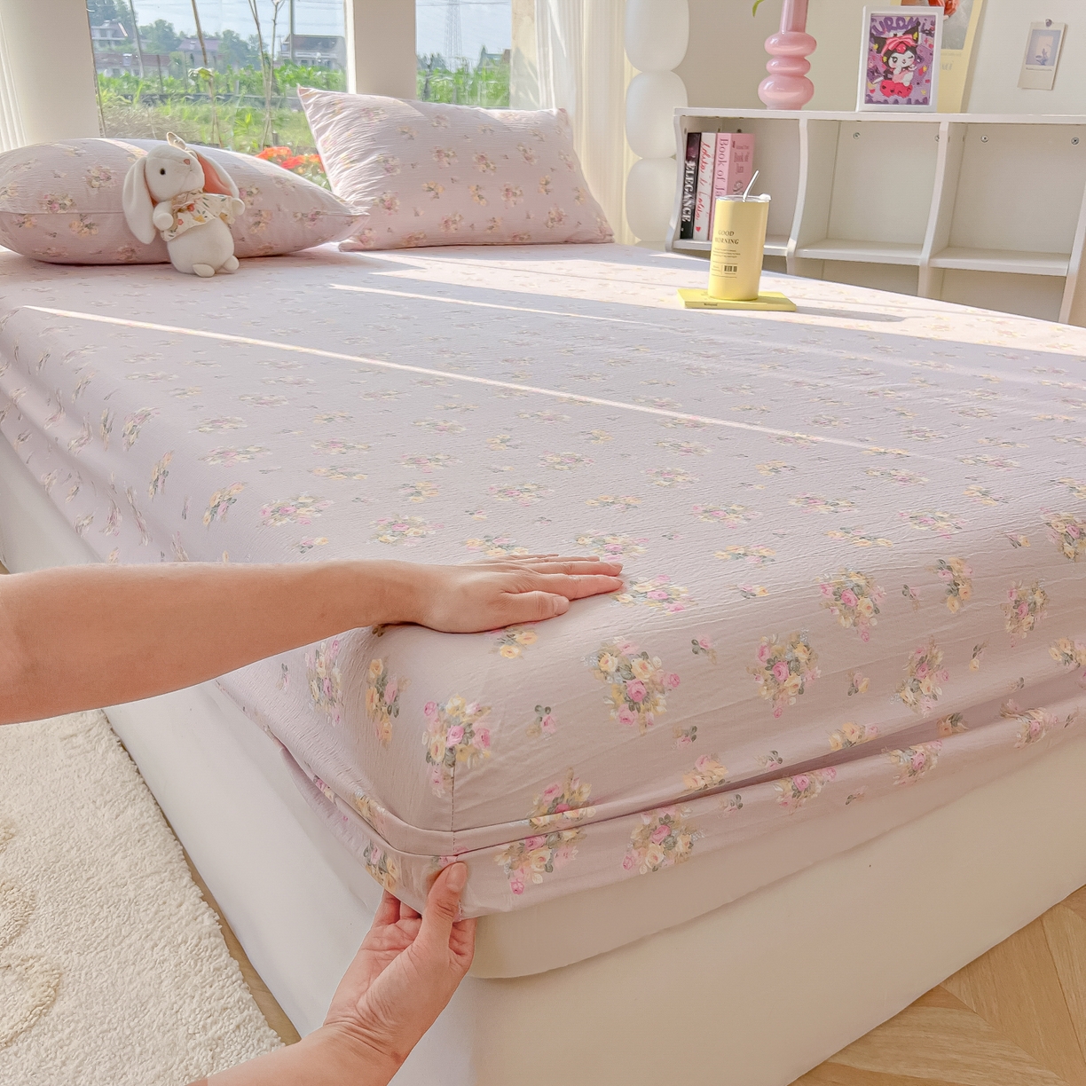 91家纺网 家纺一手货源 找家纺 韩巢家纺 2025新款云感提花双层纱单床笠热销款防滑床笠单件 奶油味的暗恋