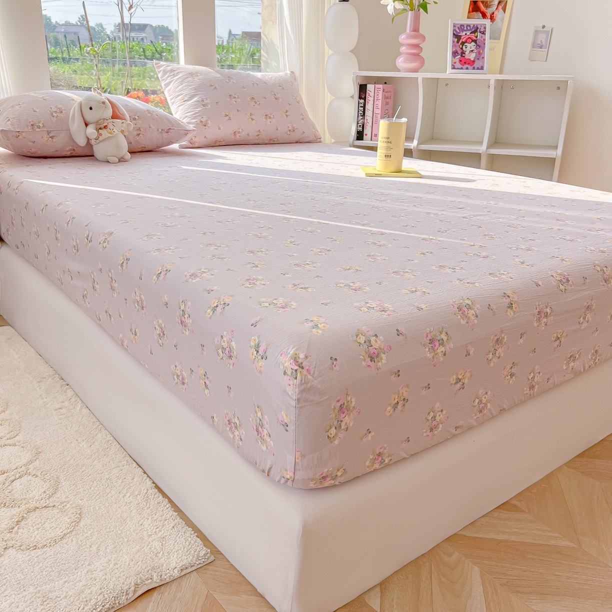 91家纺网 家纺一手货源 找家纺 韩巢家纺 2025新款云感提花双层纱单床笠热销款防滑床笠单件 奶油味的暗恋