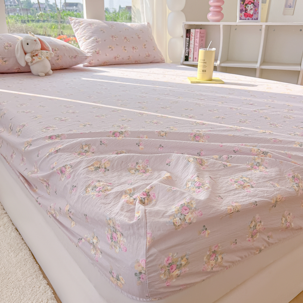 91家纺网 家纺一手货源 找家纺 韩巢家纺 2025新款云感提花双层纱单床笠热销款防滑床笠单件 奶油味的暗恋