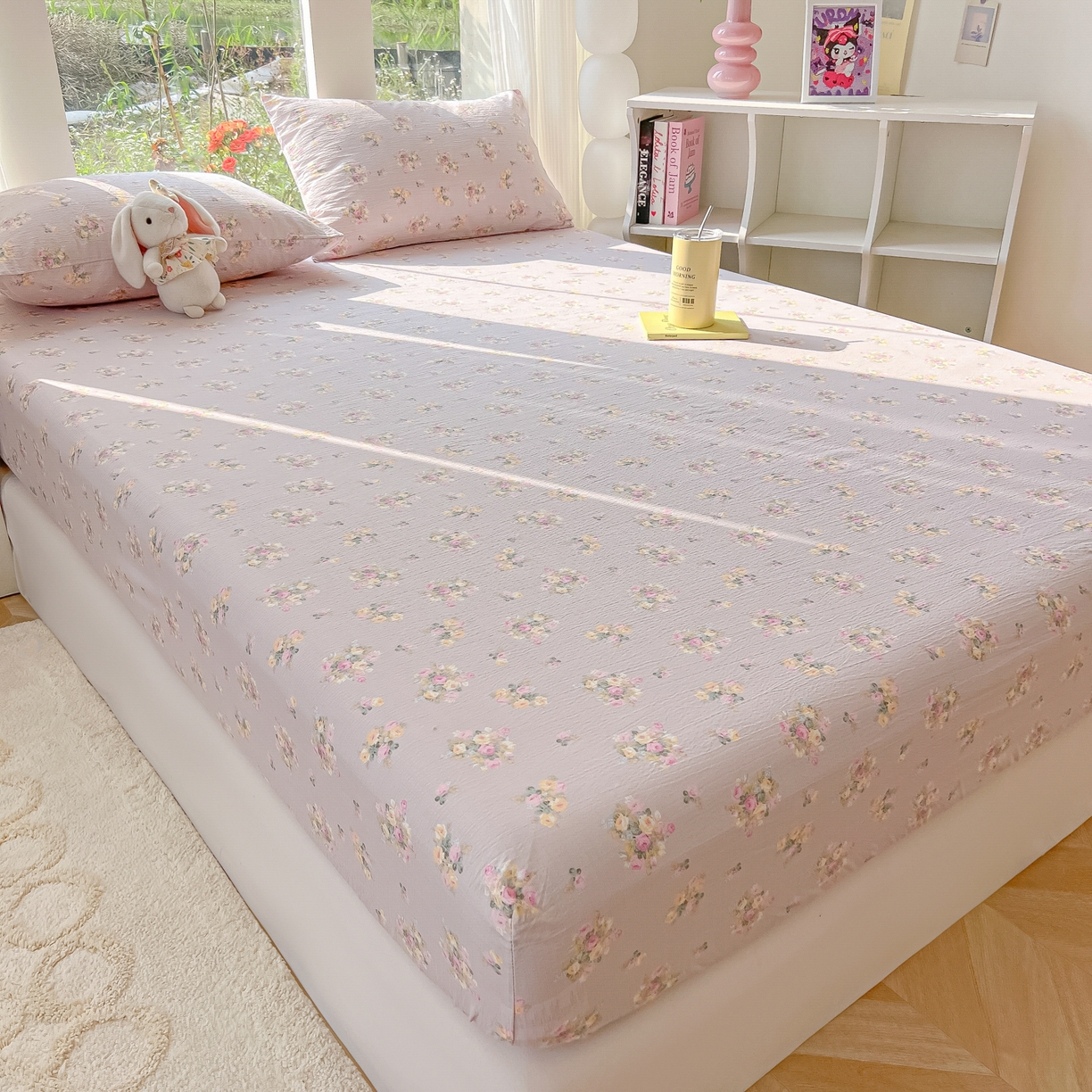 91家纺网 家纺一手货源 找家纺 韩巢家纺 2025新款云感提花双层纱单床笠热销款防滑床笠单件 奶油味的暗恋