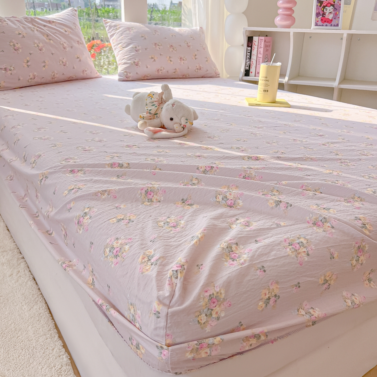 91家纺网 家纺一手货源 找家纺 韩巢家纺 2025新款云感提花双层纱单床笠热销款防滑床笠单件 奶油味的暗恋