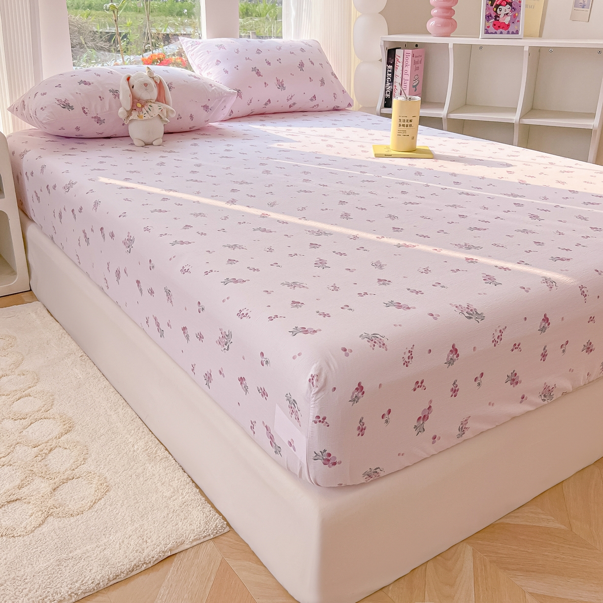 91家纺网 家纺一手货源 找家纺 韩巢家纺 2025新款云感提花双层纱单床笠热销款防滑床笠单件 葡萄七分甜