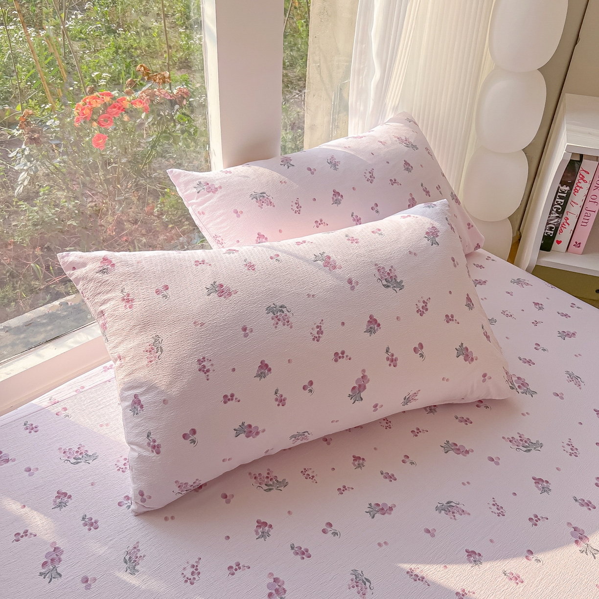 91家纺网 家纺一手货源 找家纺 韩巢家纺 2025新款云感提花双层纱单床笠热销款防滑床笠单件 葡萄七分甜