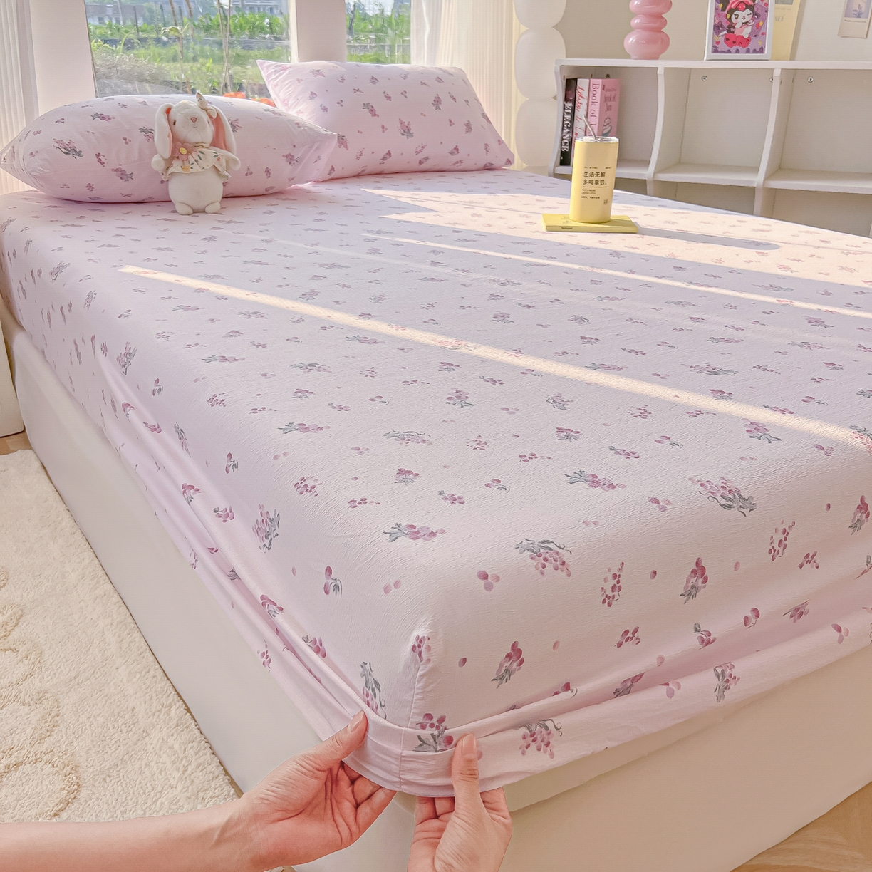 91家纺网 家纺一手货源 找家纺 韩巢家纺 2025新款云感提花双层纱单床笠热销款防滑床笠单件 葡萄七分甜