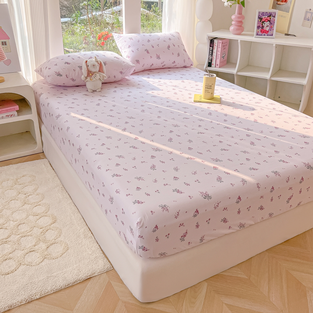 91家纺网 家纺一手货源 找家纺 韩巢家纺 2025新款云感提花双层纱单床笠热销款防滑床笠单件 葡萄七分甜