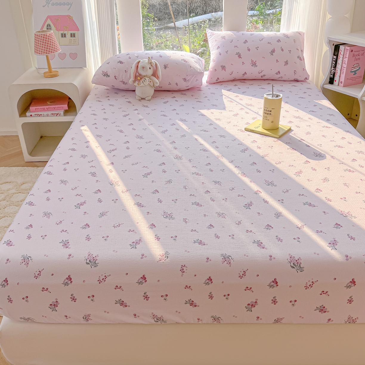 91家纺网 家纺一手货源 找家纺 韩巢家纺 2025新款云感提花双层纱单床笠热销款防滑床笠单件 葡萄七分甜