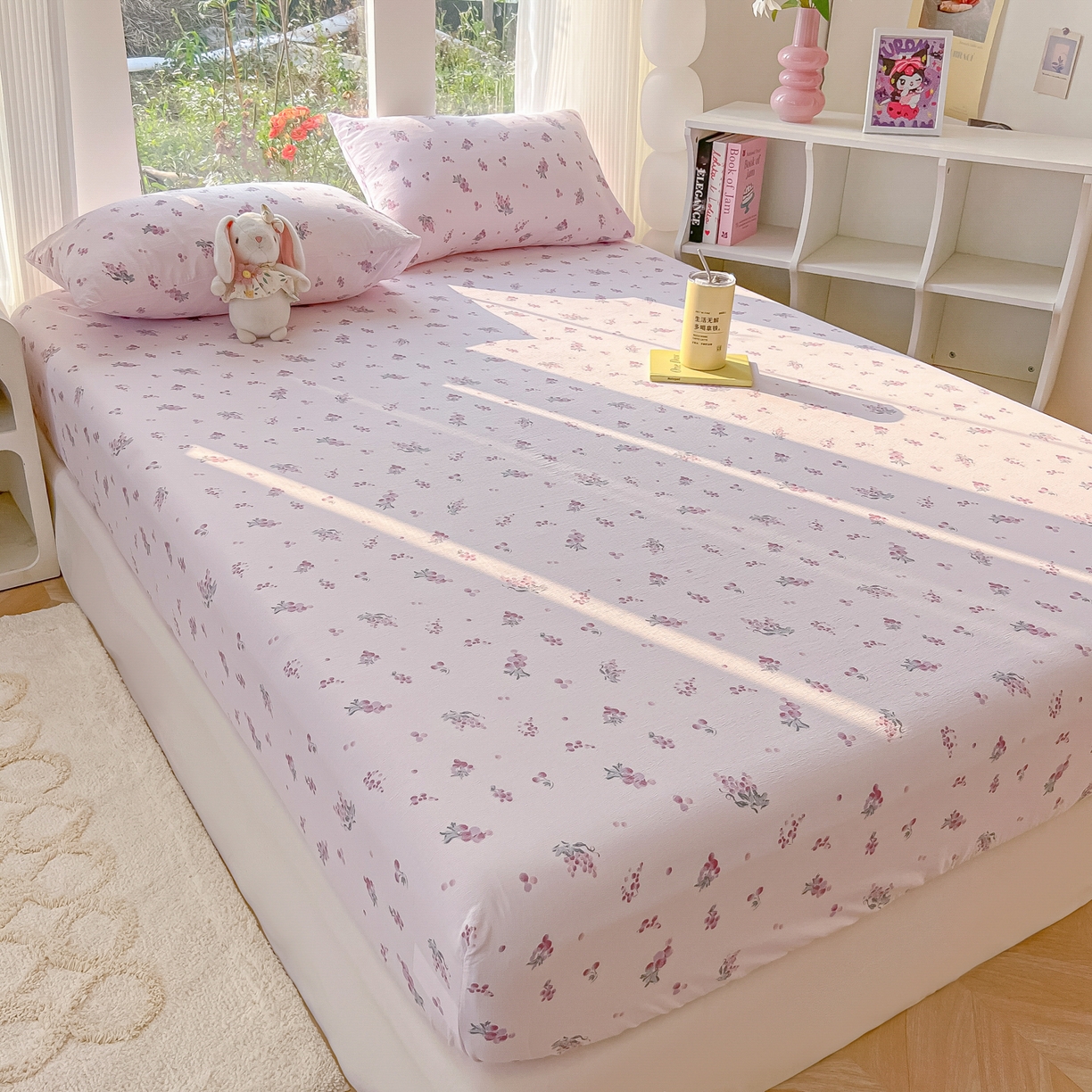 91家纺网 家纺一手货源 找家纺 韩巢家纺 2025新款云感提花双层纱单床笠热销款防滑床笠单件 葡萄七分甜