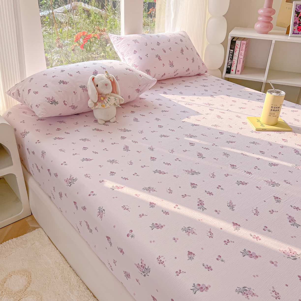 91家纺网 家纺一手货源 找家纺 韩巢家纺 2025新款云感提花双层纱单床笠热销款防滑床笠单件 葡萄七分甜