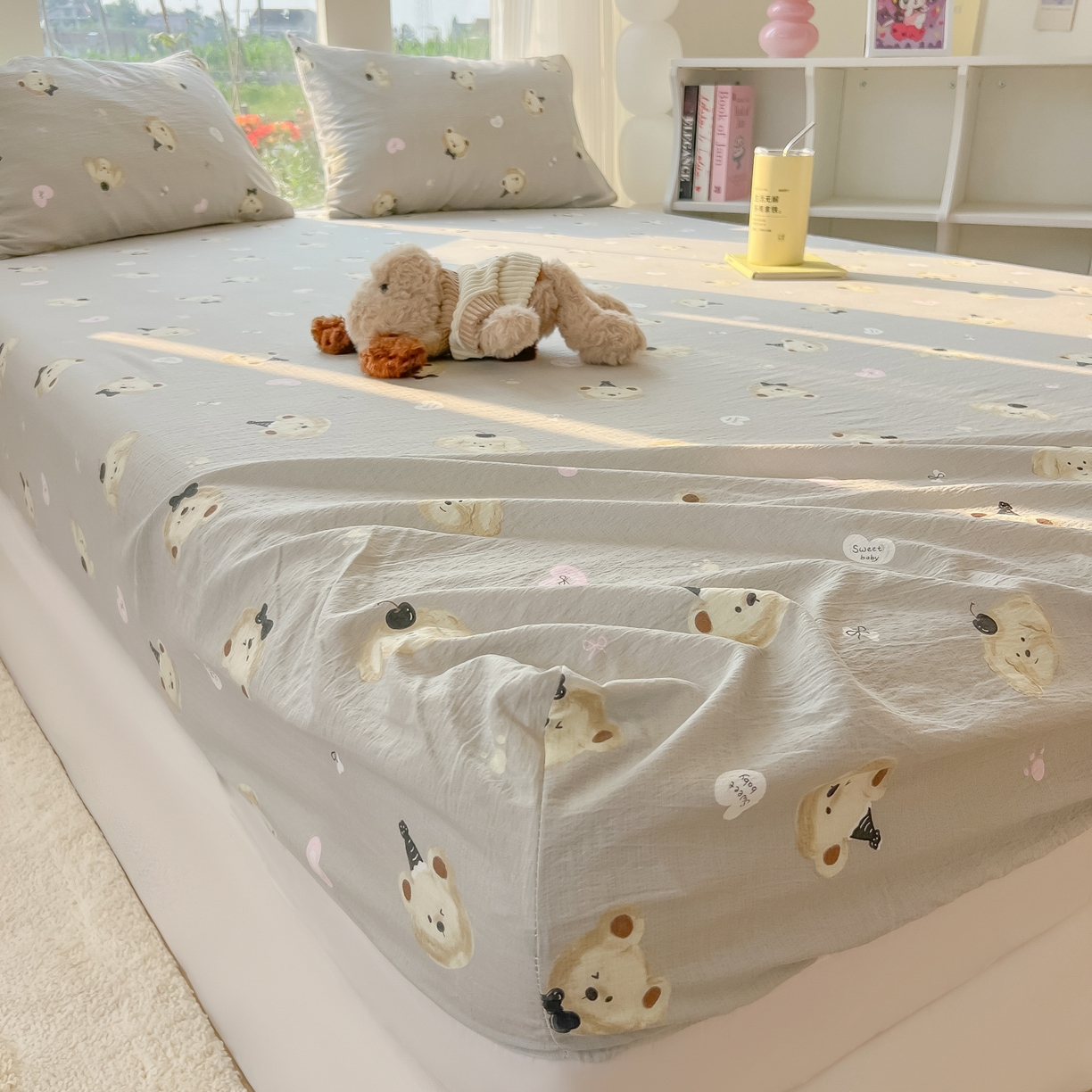 91家纺网 家纺一手货源 找家纺 韩巢家纺 2025新款云感提花双层纱单床笠热销款防滑床笠单件 奇妙小熊