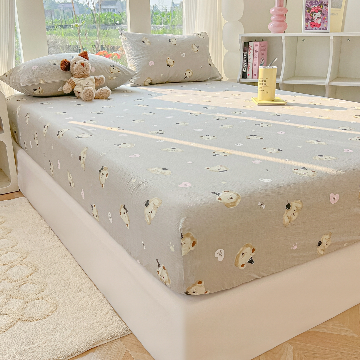 91家纺网 家纺一手货源 找家纺 韩巢家纺 2025新款云感提花双层纱单床笠热销款防滑床笠单件 奇妙小熊