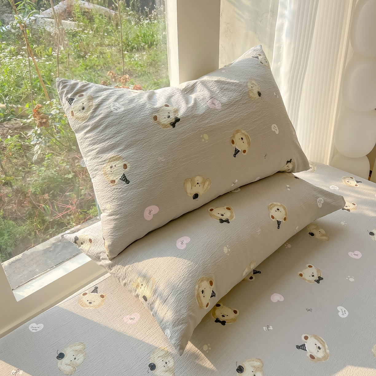 91家纺网 家纺一手货源 找家纺 韩巢家纺 2025新款云感提花双层纱单床笠热销款防滑床笠单件 奇妙小熊