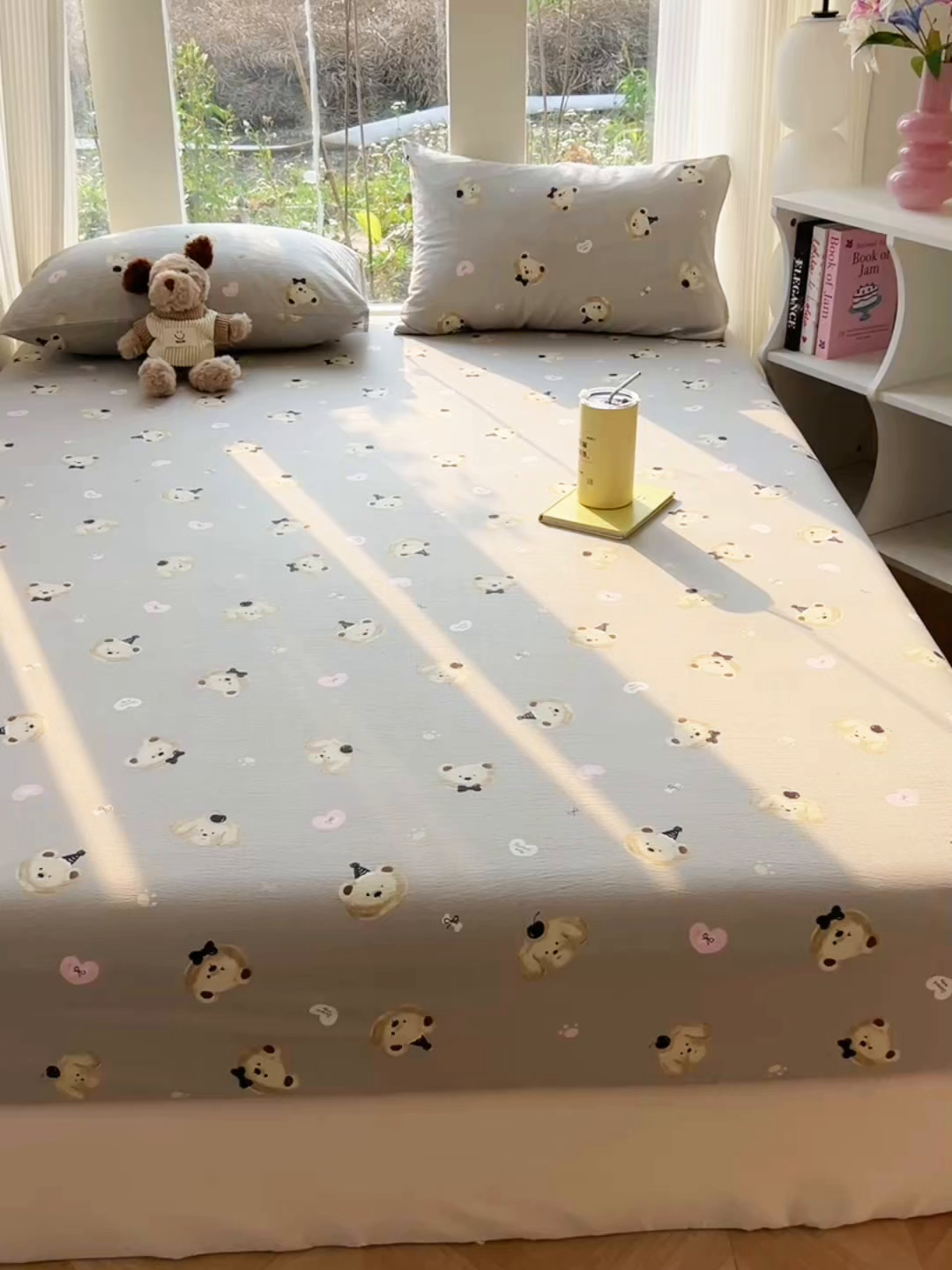 91家纺网 家纺一手货源 找家纺 韩巢家纺 2025新款云感提花双层纱单床笠热销款防滑床笠单件 奇妙小熊