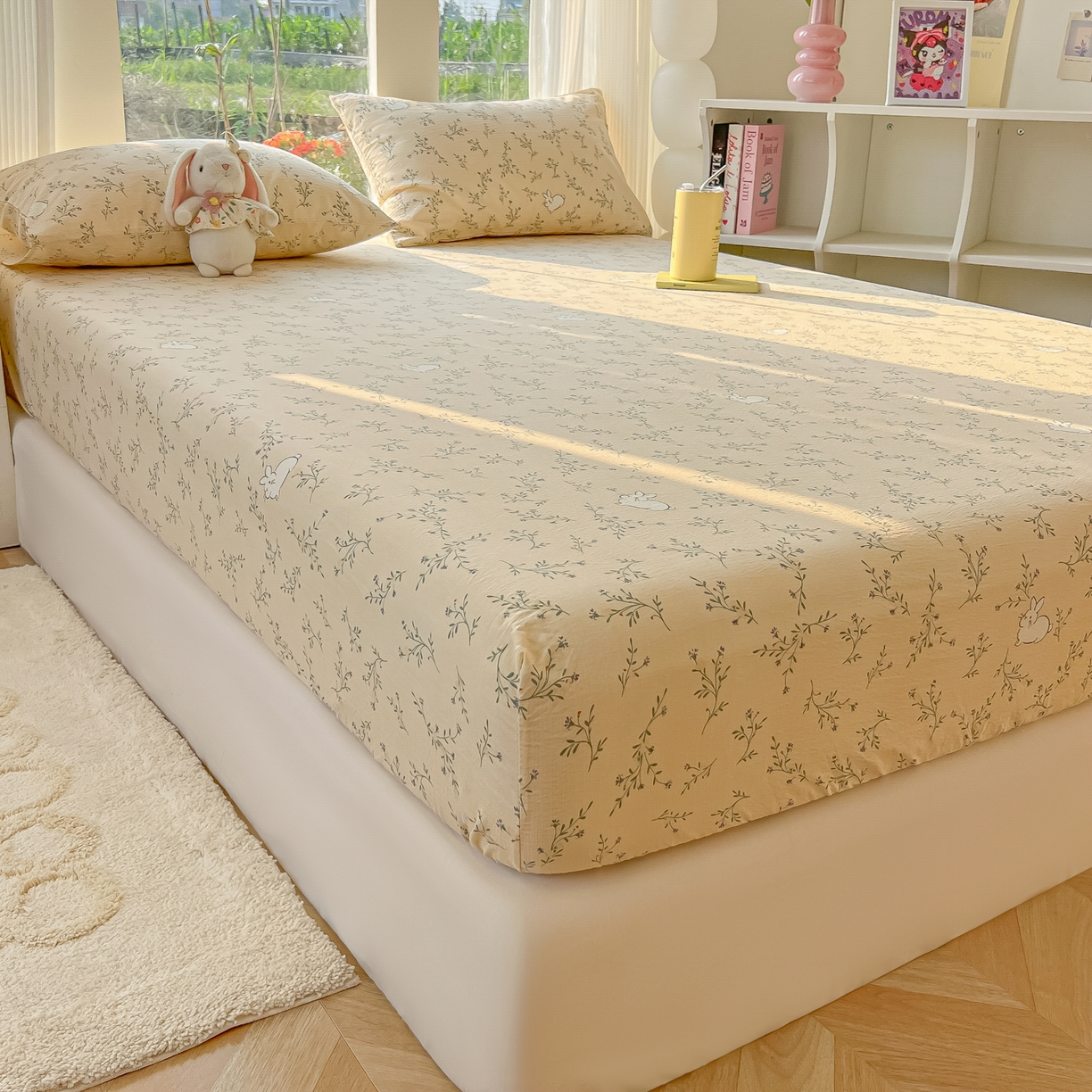 91家纺网 家纺一手货源 找家纺 韩巢家纺 2025新款云感提花双层纱单床笠热销款防滑床笠单件 森田野园