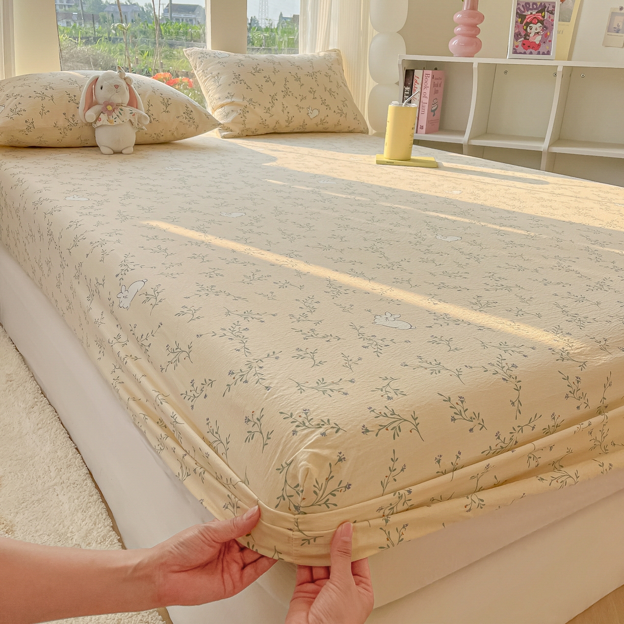 91家纺网 家纺一手货源 找家纺 韩巢家纺 2025新款云感提花双层纱单床笠热销款防滑床笠单件 森田野园