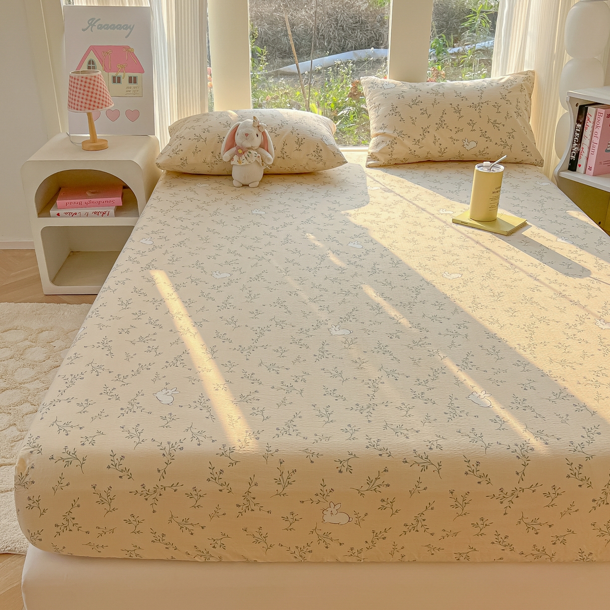 91家纺网 家纺一手货源 找家纺 韩巢家纺 2025新款云感提花双层纱单床笠热销款防滑床笠单件 森田野园