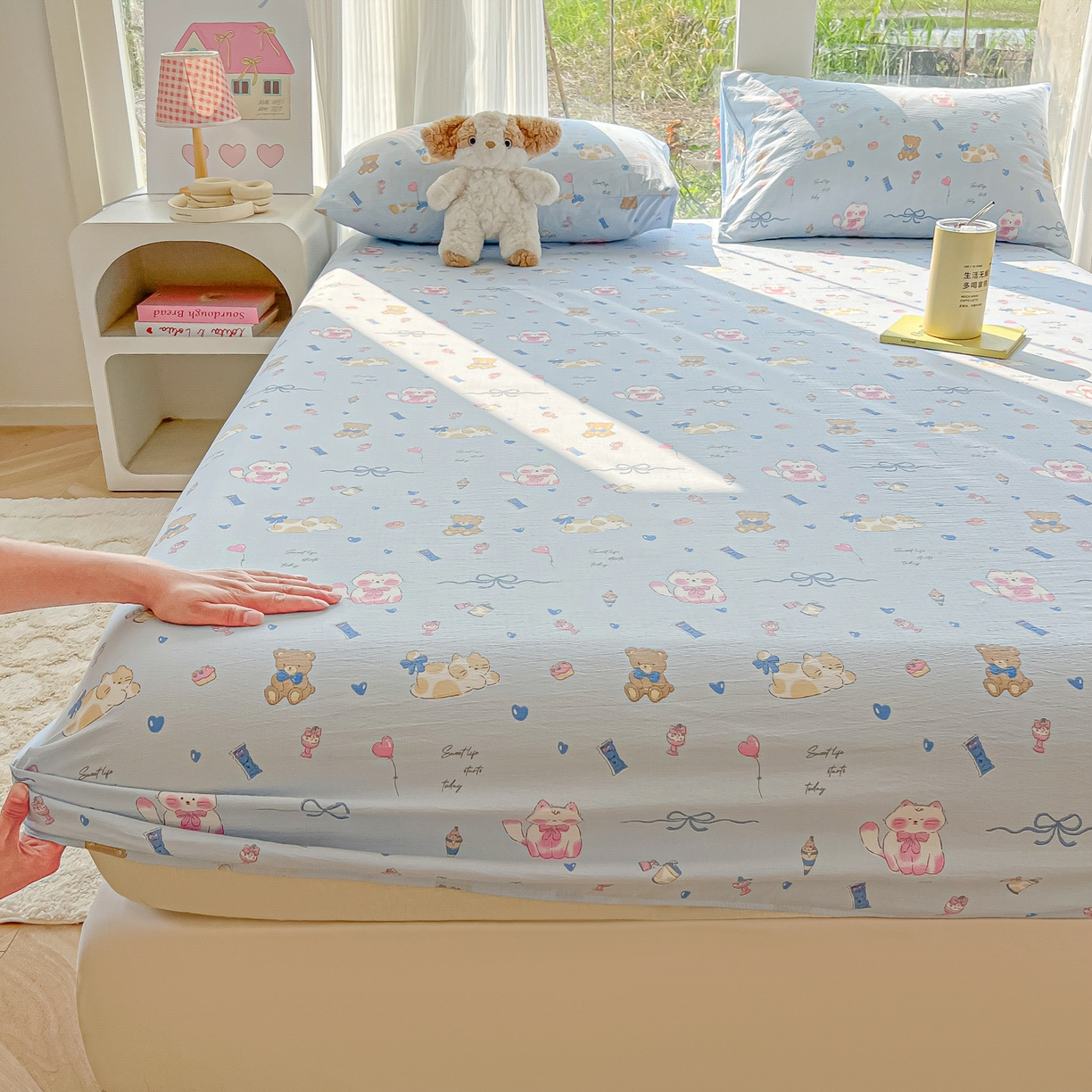 韩巢家纺 2025新款云感提花双层纱单床笠热销款防滑床笠单件 小猫时光篮