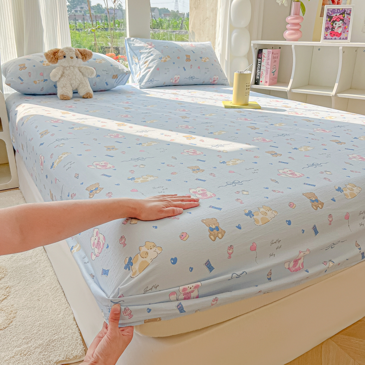 91家纺网 家纺一手货源 找家纺 韩巢家纺 2025新款云感提花双层纱单床笠热销款防滑床笠单件 小猫时光篮