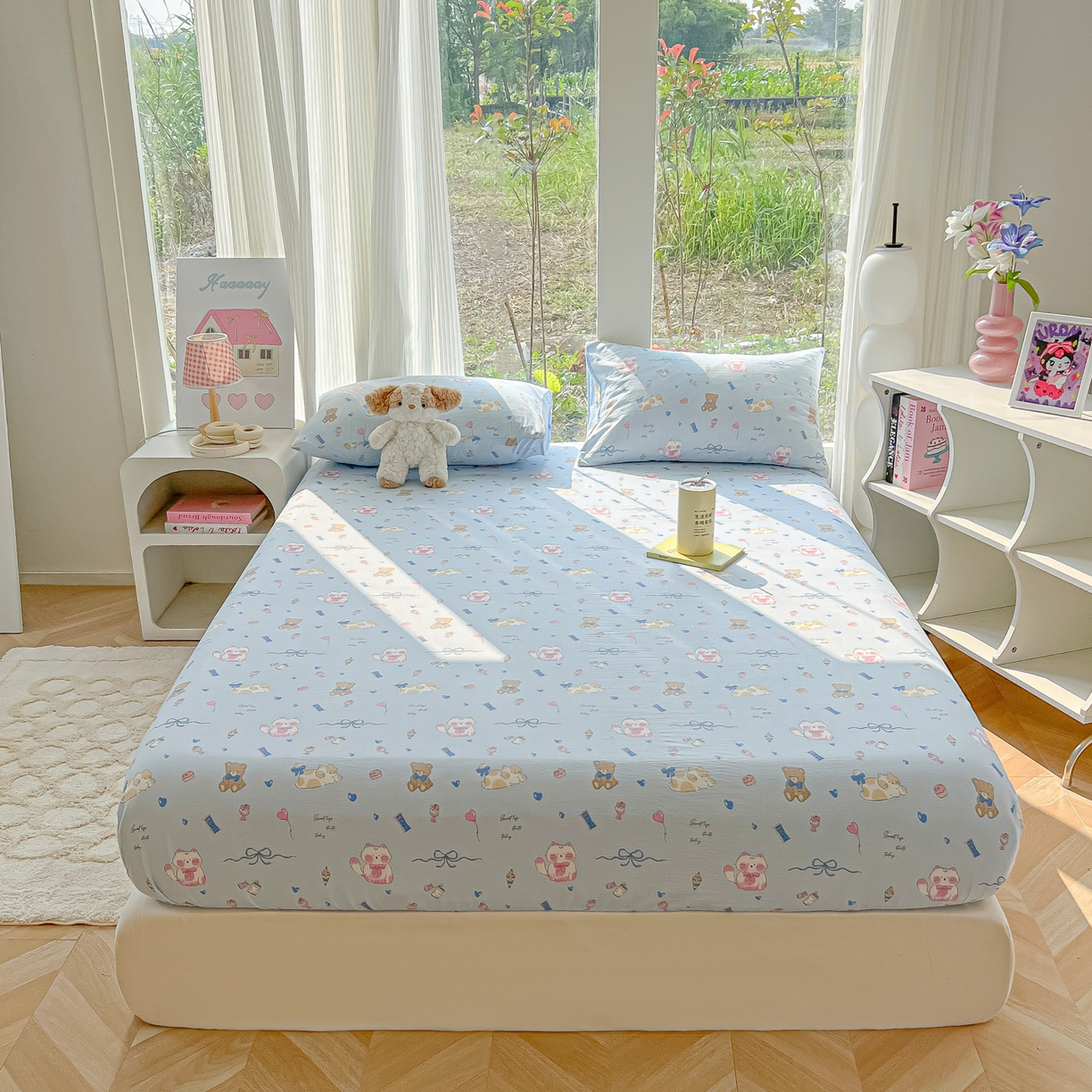 91家纺网 家纺一手货源 找家纺 韩巢家纺 2025新款云感提花双层纱单床笠热销款防滑床笠单件 小猫时光篮