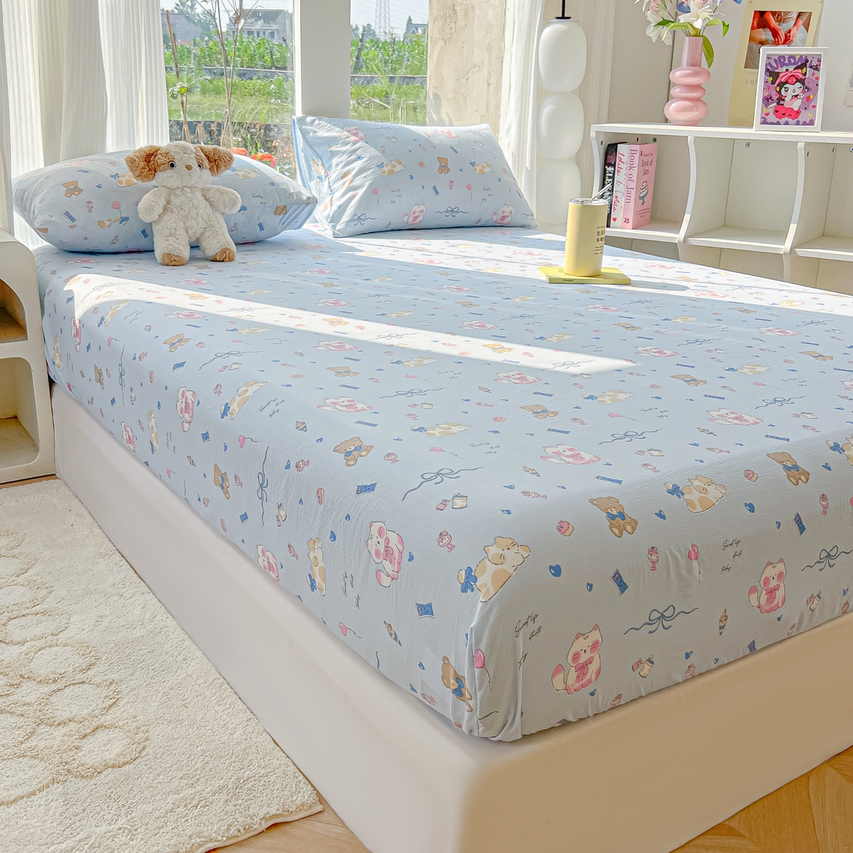 91家纺网 家纺一手货源 找家纺 韩巢家纺 2025新款云感提花双层纱单床笠热销款防滑床笠单件 小猫时光篮