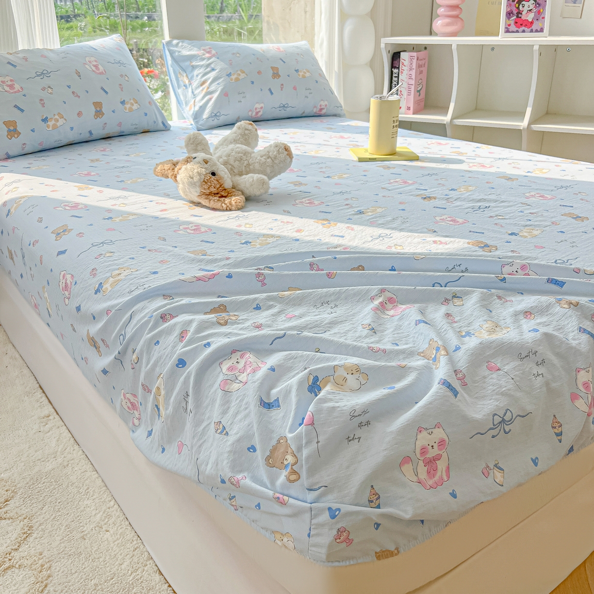 91家纺网 家纺一手货源 找家纺 韩巢家纺 2025新款云感提花双层纱单床笠热销款防滑床笠单件 小猫时光篮