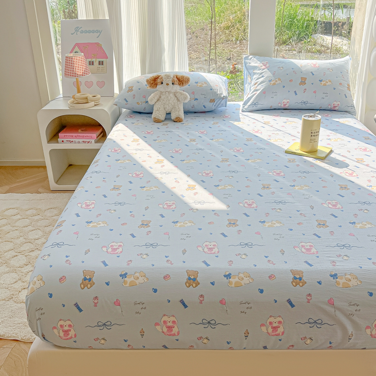 91家纺网 家纺一手货源 找家纺 韩巢家纺 2025新款云感提花双层纱单床笠热销款防滑床笠单件 小猫时光篮