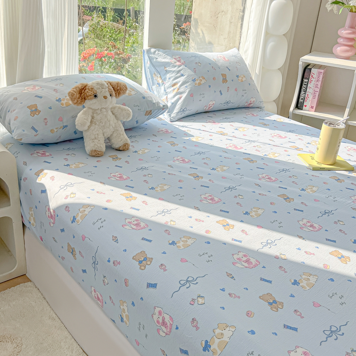 91家纺网 家纺一手货源 找家纺 韩巢家纺 2025新款云感提花双层纱单床笠热销款防滑床笠单件 小猫时光篮