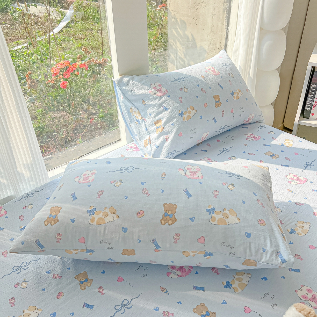 91家纺网 家纺一手货源 找家纺 韩巢家纺 2025新款云感提花双层纱单床笠热销款防滑床笠单件 小猫时光篮