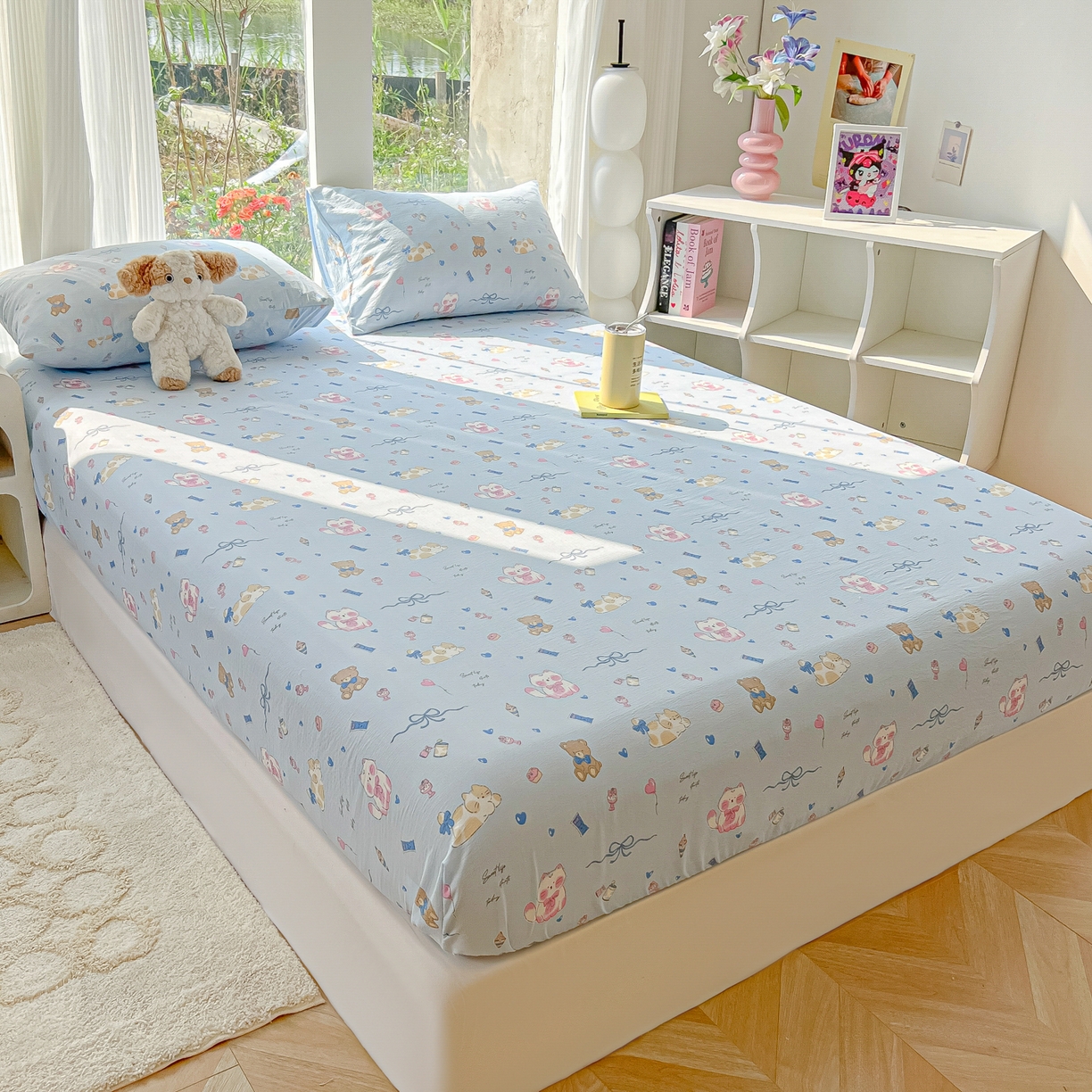 91家纺网 家纺一手货源 找家纺 韩巢家纺 2025新款云感提花双层纱单床笠热销款防滑床笠单件 小猫时光篮